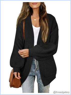 Oversized Chunky Lantern Sleeve Open Front Cardigan Sweater